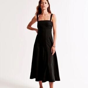 Abercrombie Emerson Poplin Linen Midi Dress Black XS Cottagecore Fall Coquette